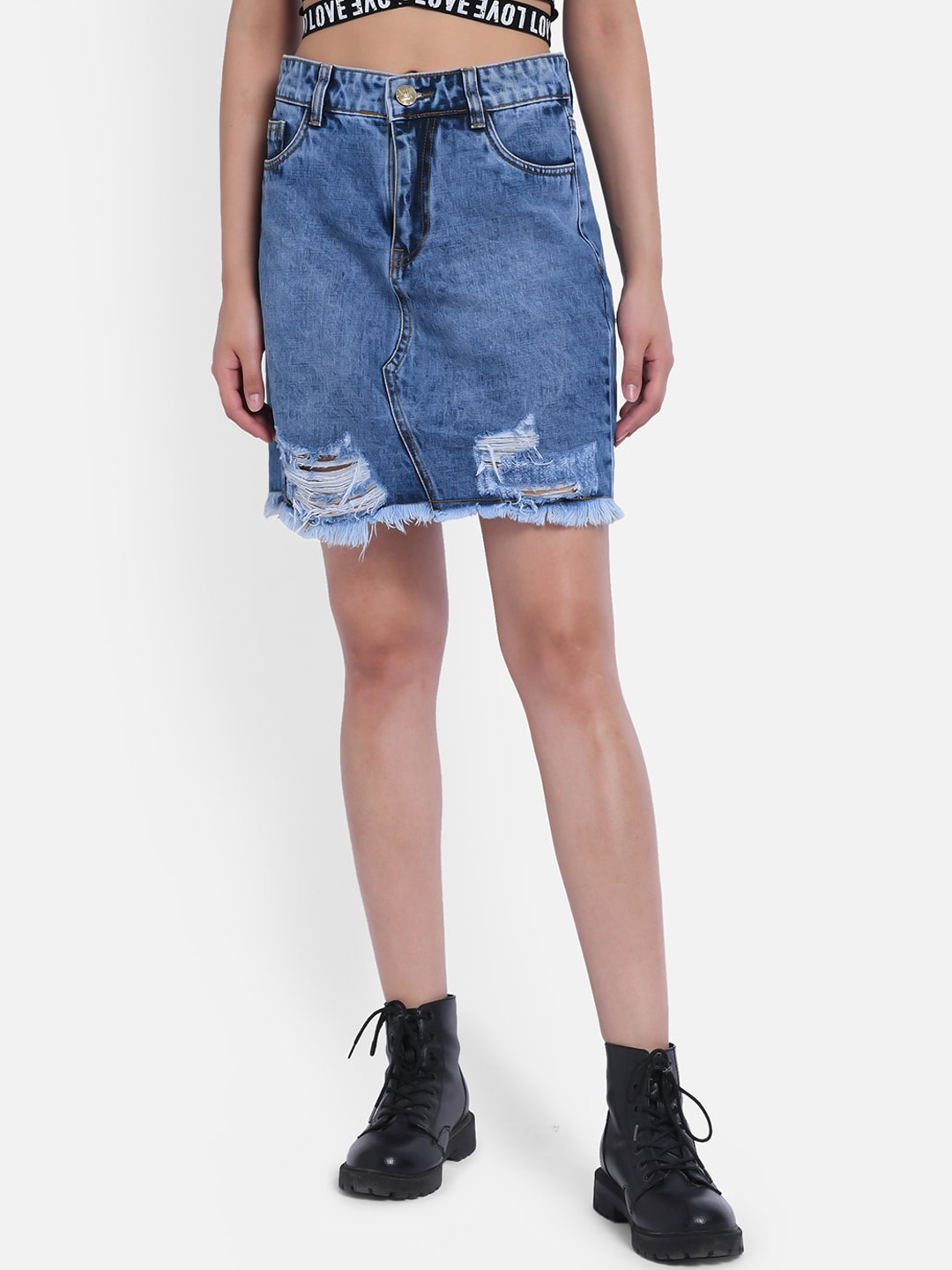 

The Dry State Women Blue Washed Denim Straight Mini Skirt