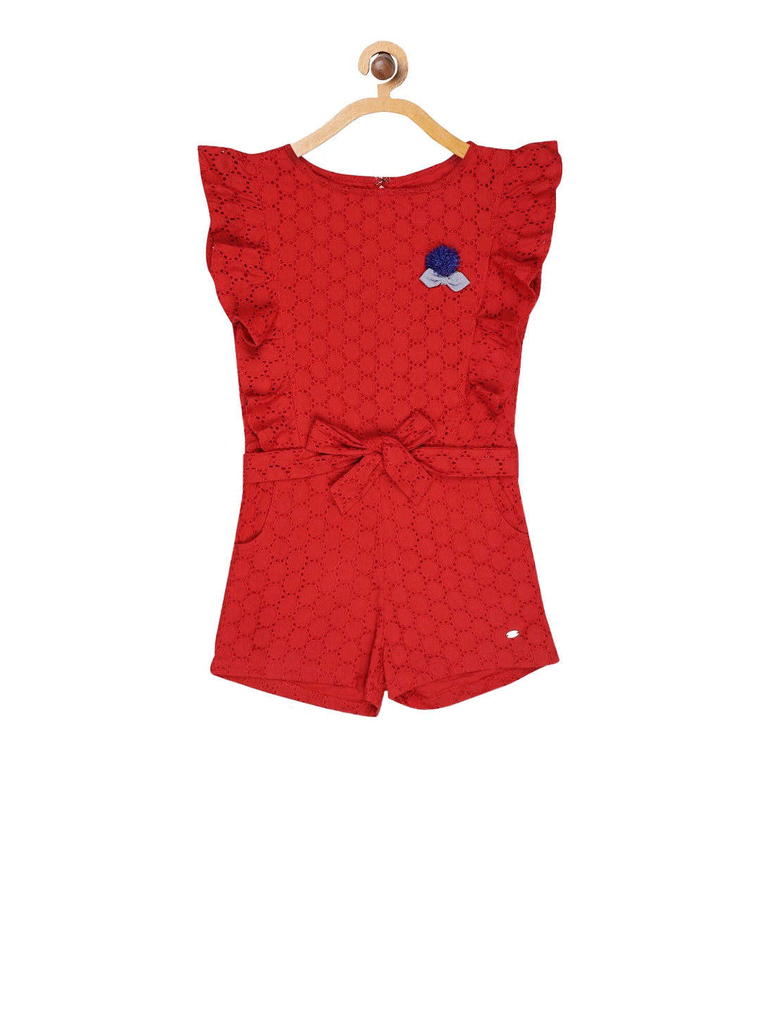 

ELLE Girls Red Self Design Schiffli Playsuit