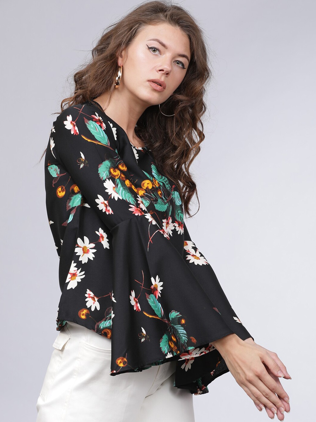 

Mumbai Slang Chic Women Black Floral Print Top