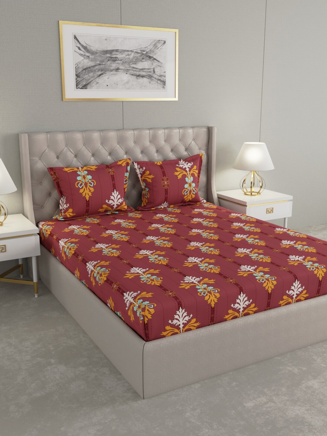 

Raymond Home Maroon & Yellow 104 TC Cotton 1 King Bedsheet with 2 Pillow Covers