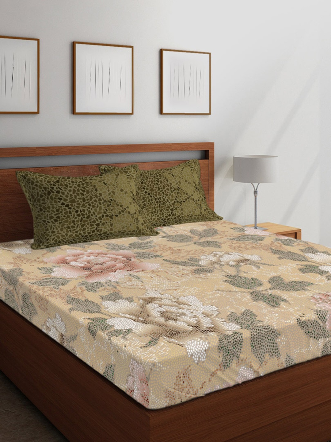 

Boutique Living India Beige & Green Floral 400 TC Cotton 1 King Bedsheet with 2 Pillow Covers