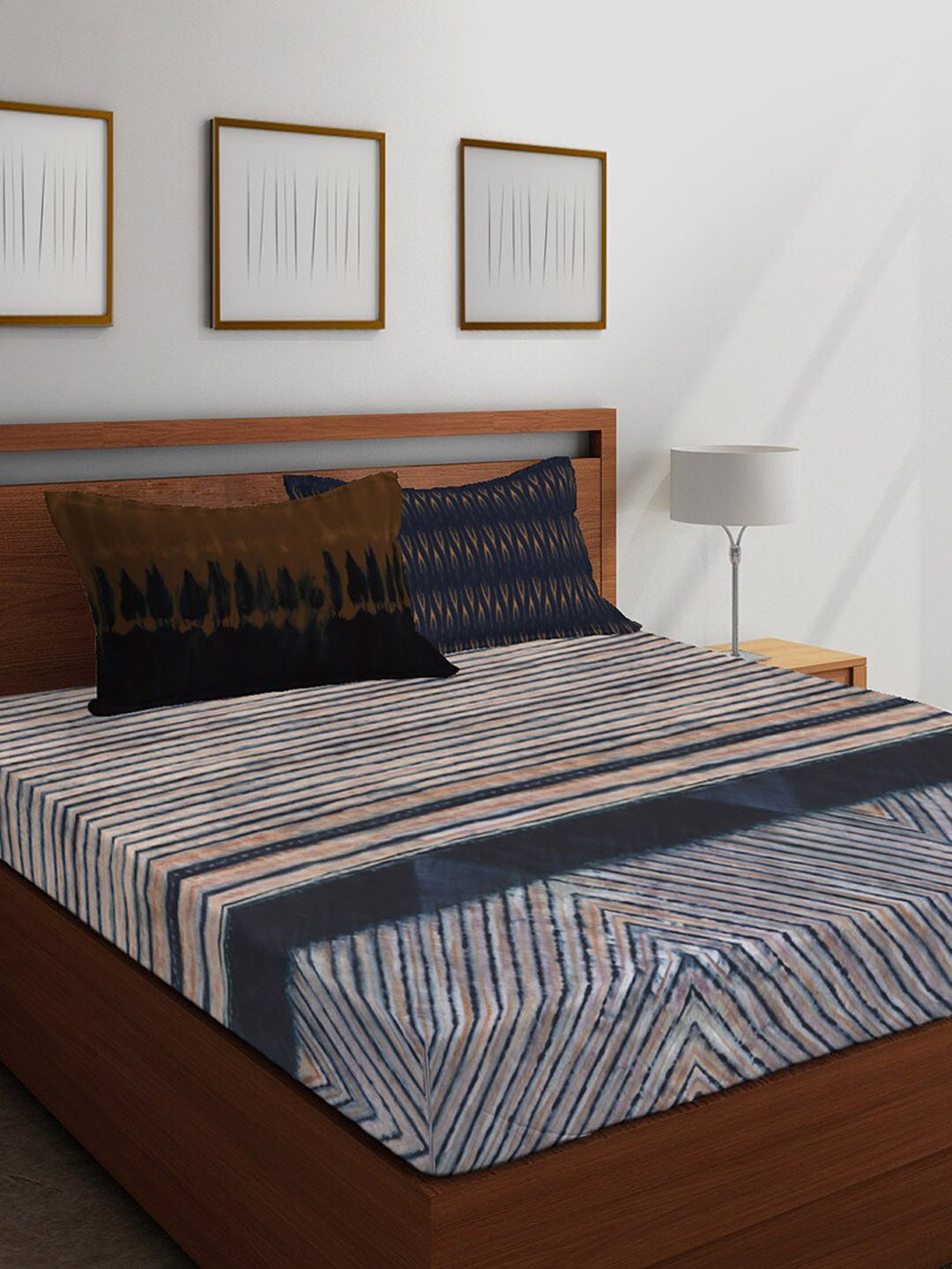 

Boutique Living India Blue & Brown Striped 300 TC Cotton 1 King Bedsheet with 4 Pillow Covers