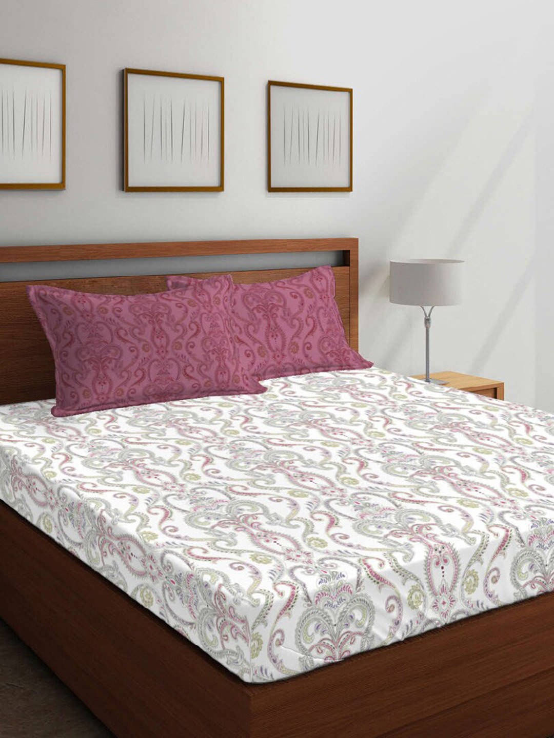 

Boutique Living India White Ethnic Motifs 144 TC Cotton 1 King Bedsheet with 2 Pillow Covers