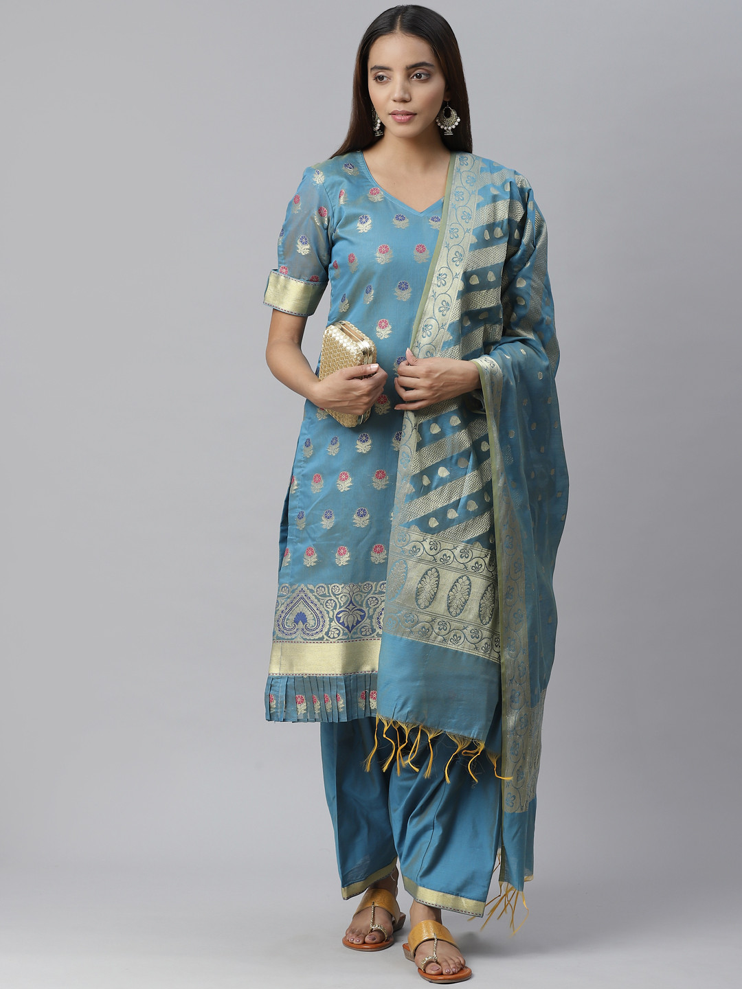 

Chhabra 555 Blue & Golden Handloom Chanderi Woven Design Unstitched Dress Material