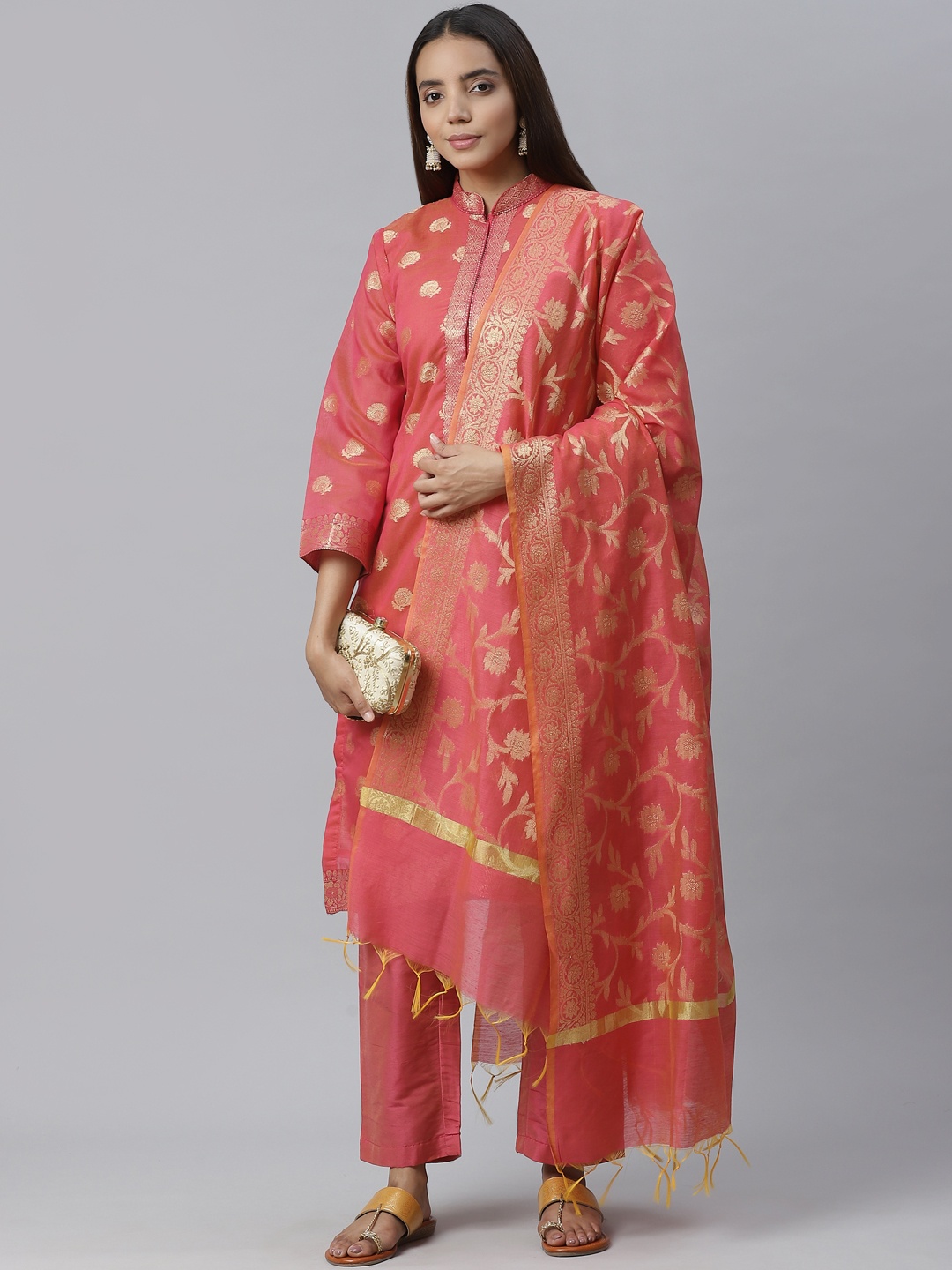 

Chhabra 555 Pink & Golden Zari Woven Design Unstitched Dress Material