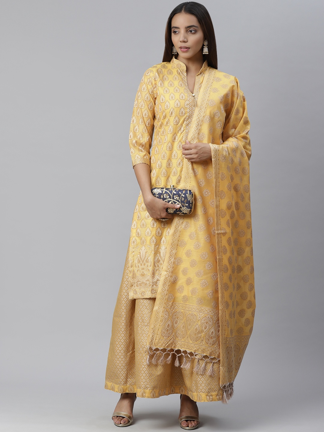 

Chhabra 555 Mustard Yellow Handloom Chanderi Woven Design Unstitched Dress Material