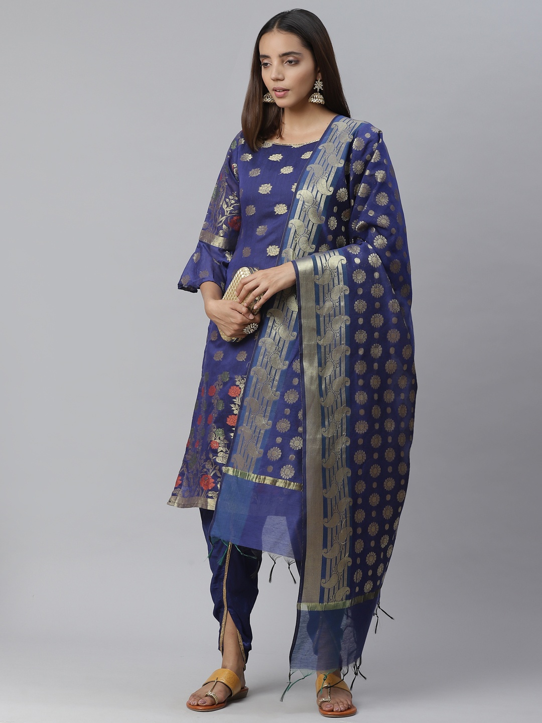 

Chhabra 555 Navy Blue & Golden Zari Woven Design Unstitched Dress Material