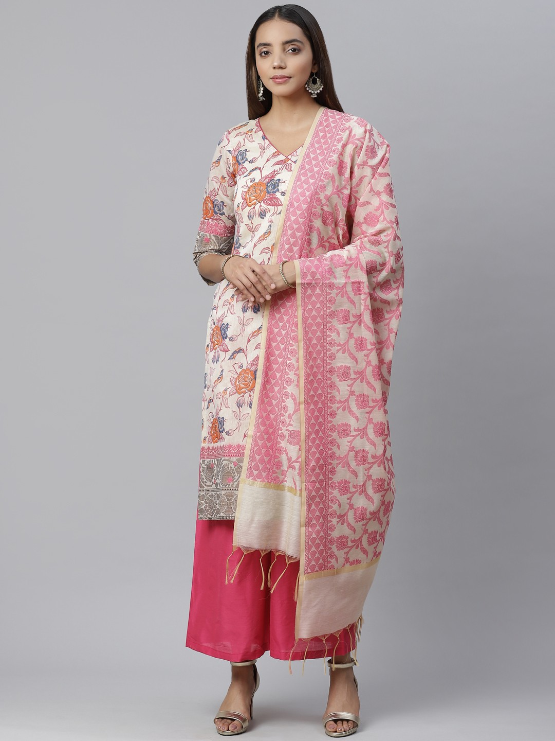 

Chhabra 555 Cream-Coloured & Pink Block Printed Unstitched Dress Material