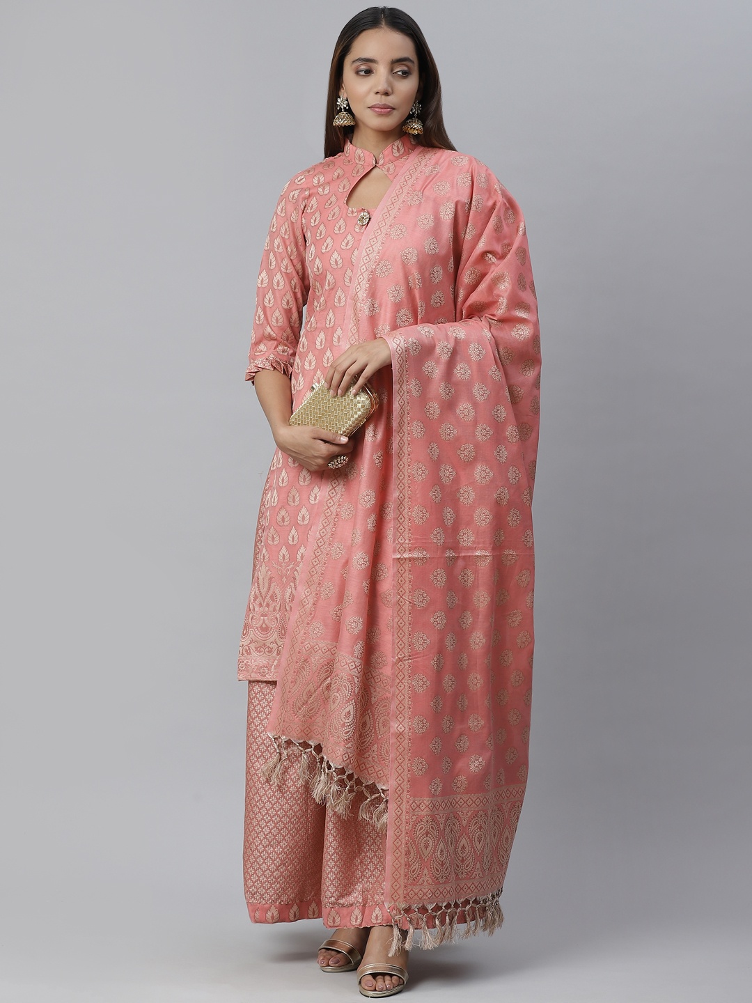 

Chhabra 555 Pink & Beige Woven Design Unstitched Dress Material