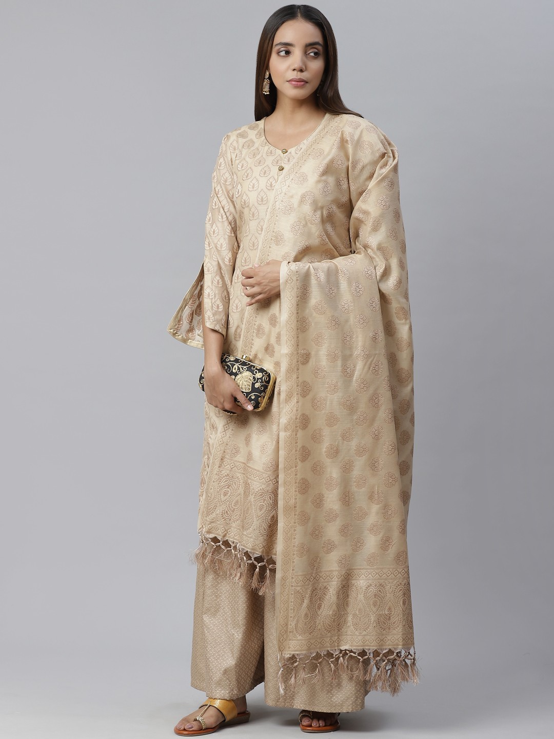 

Chhabra 555 Beige & Golden Handloom Chanderi Woven Design Unstitched Dress Material