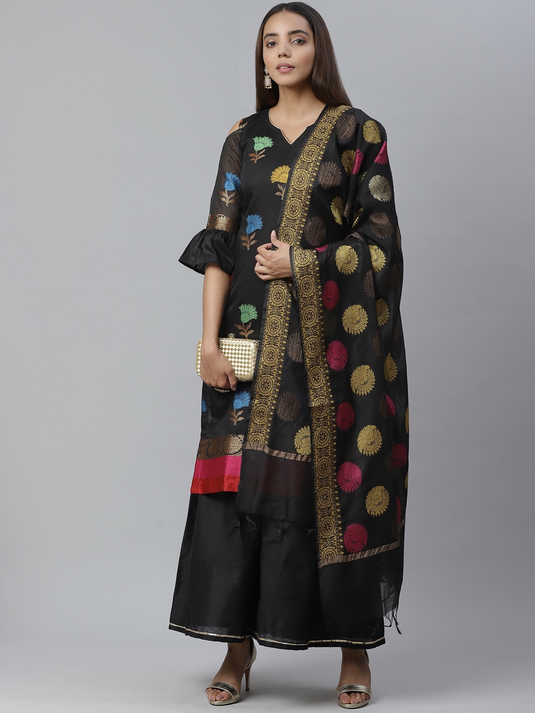 

Chhabra 555 Black & Golden Woven Design Unstitched Dress Material