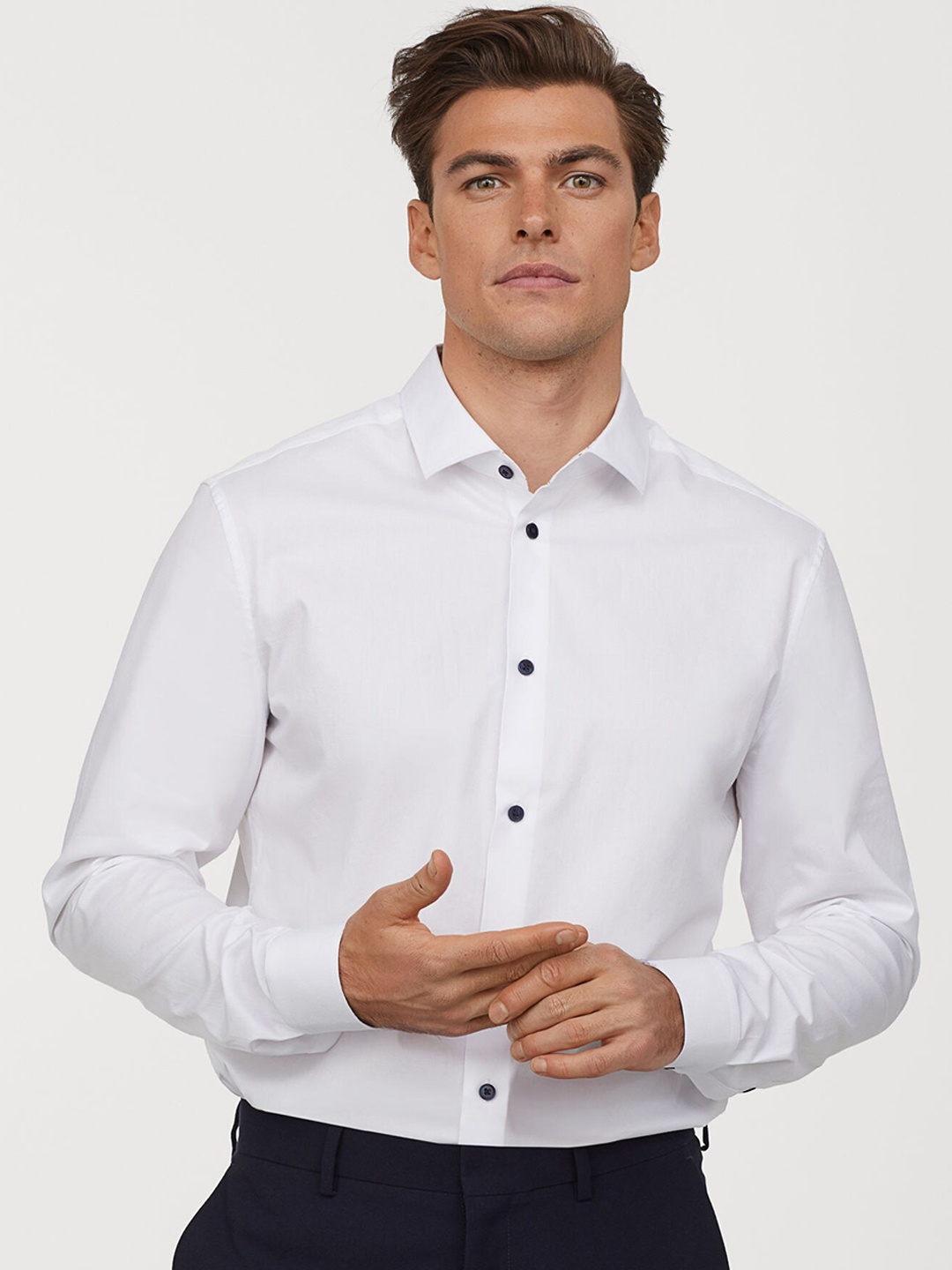 

H&M Men White Solid Premium Cotton Shirt