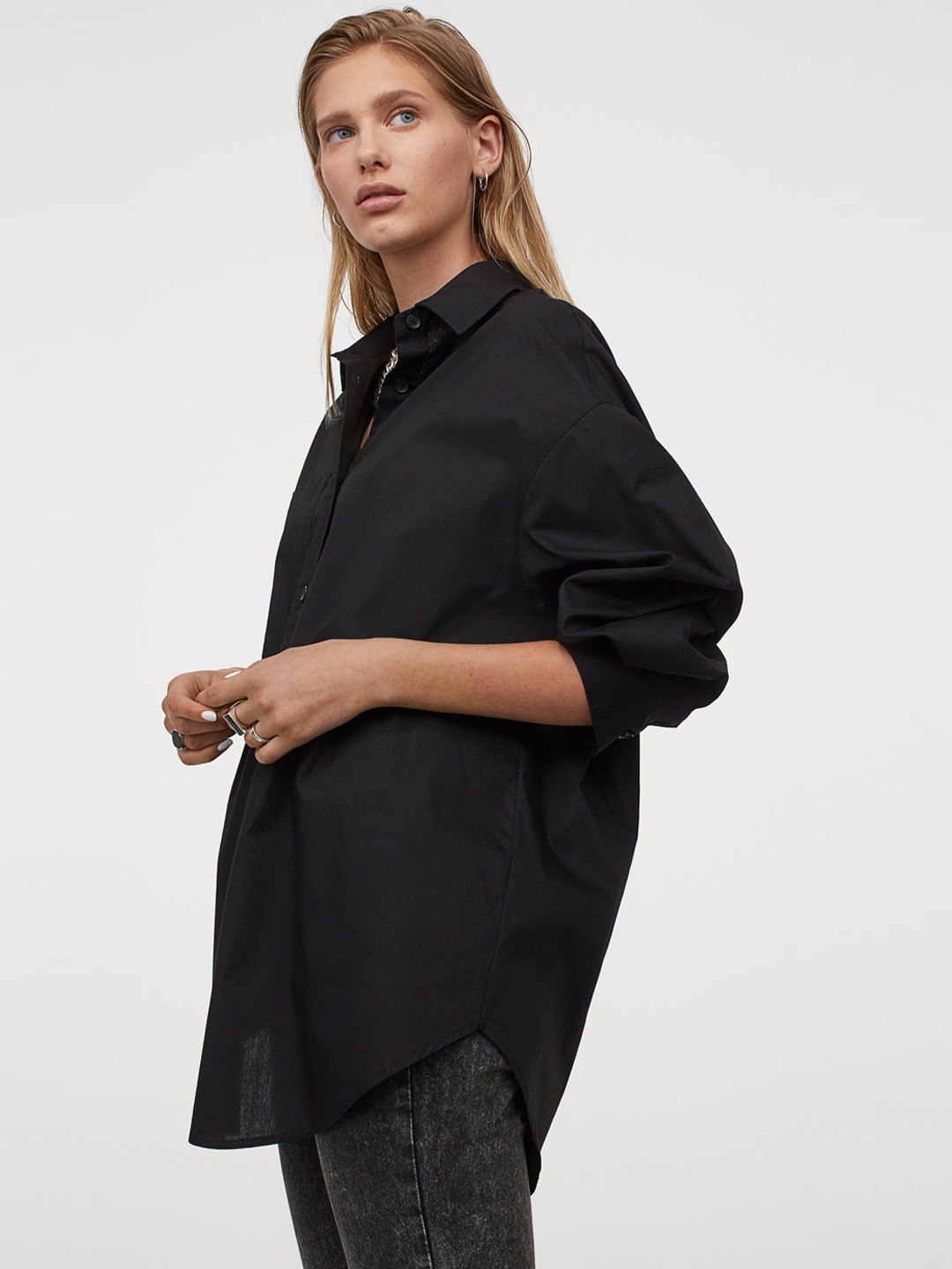 

H&M Women Black Oversized Cotton Shirt