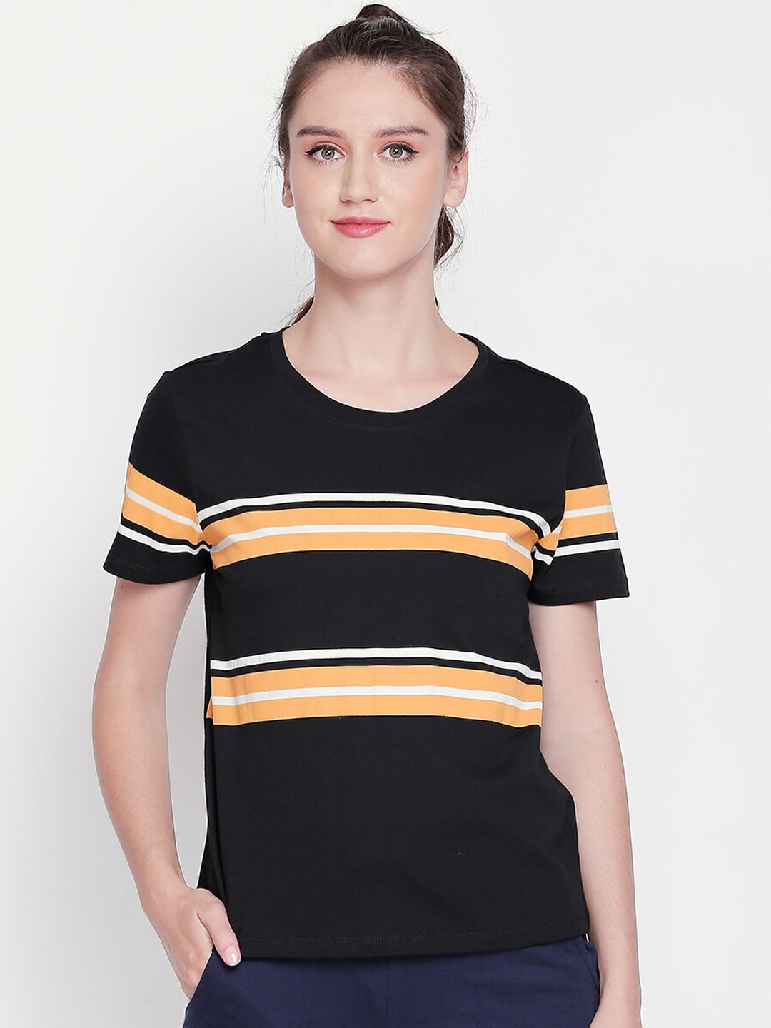 

Ajile by Pantaloons Women Black Yellow Striped Round Neck Pure Cotton T-shirt