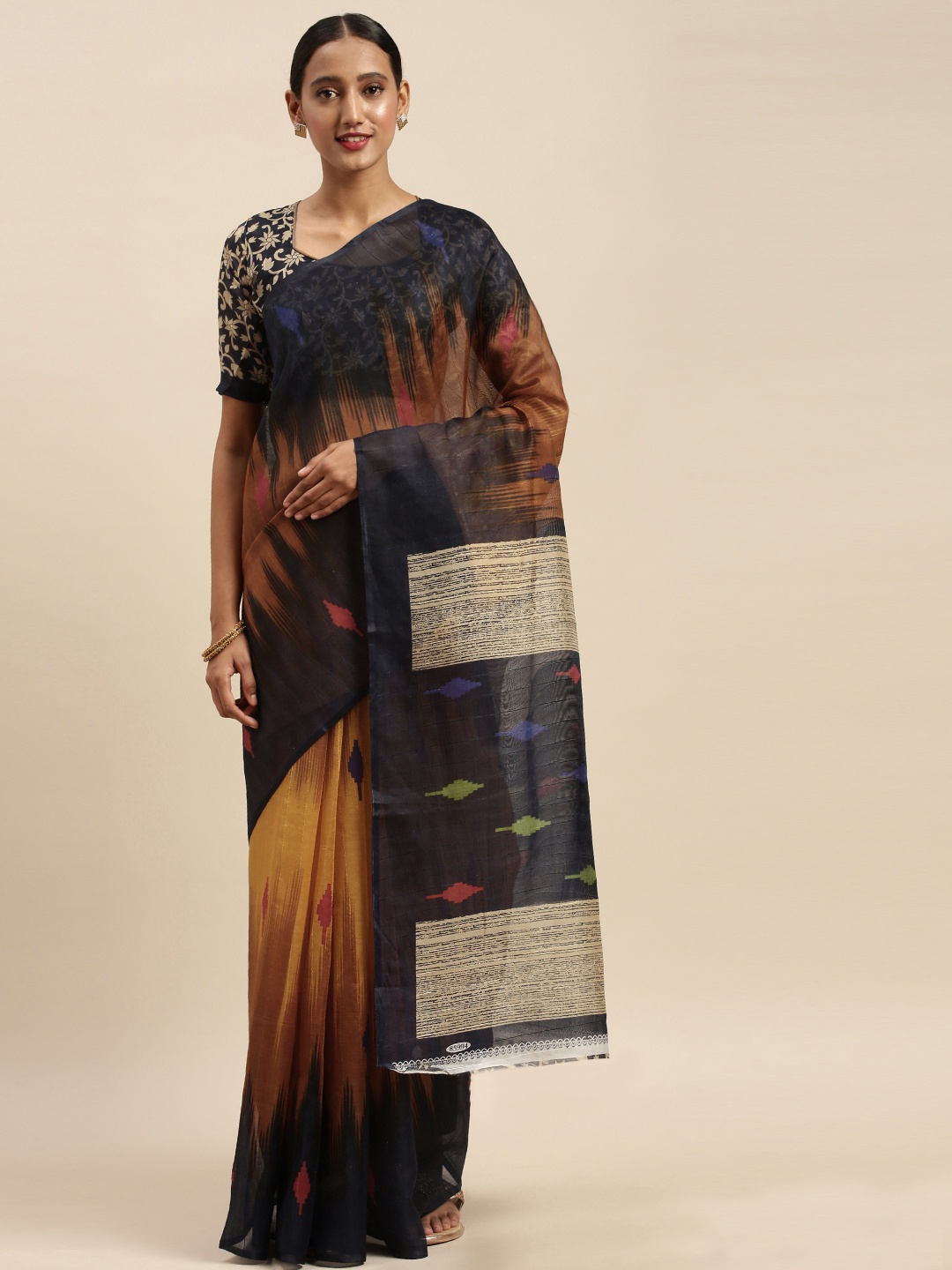 

Silk Bazar Mustard Yellow & Black Silk Blend Printed Bhagalpuri Saree