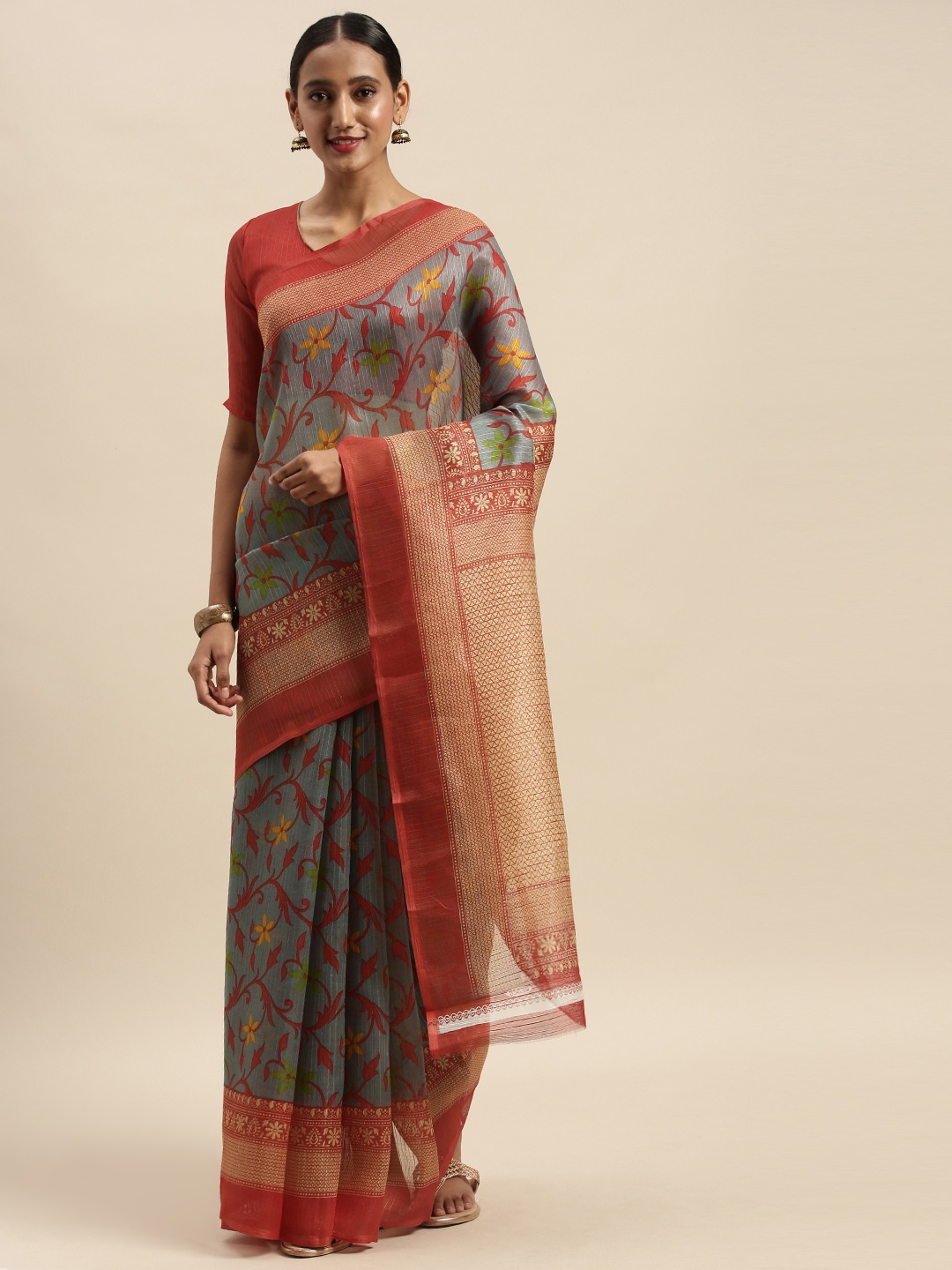 

Silk Bazar Grey & Red Silk Blend Printed Bhagalpuri Saree