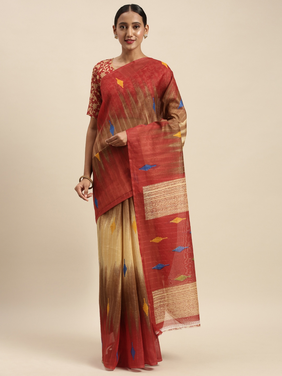 

Silk Bazar Red & Beige Silk Blend Printed Bhagalpuri Saree