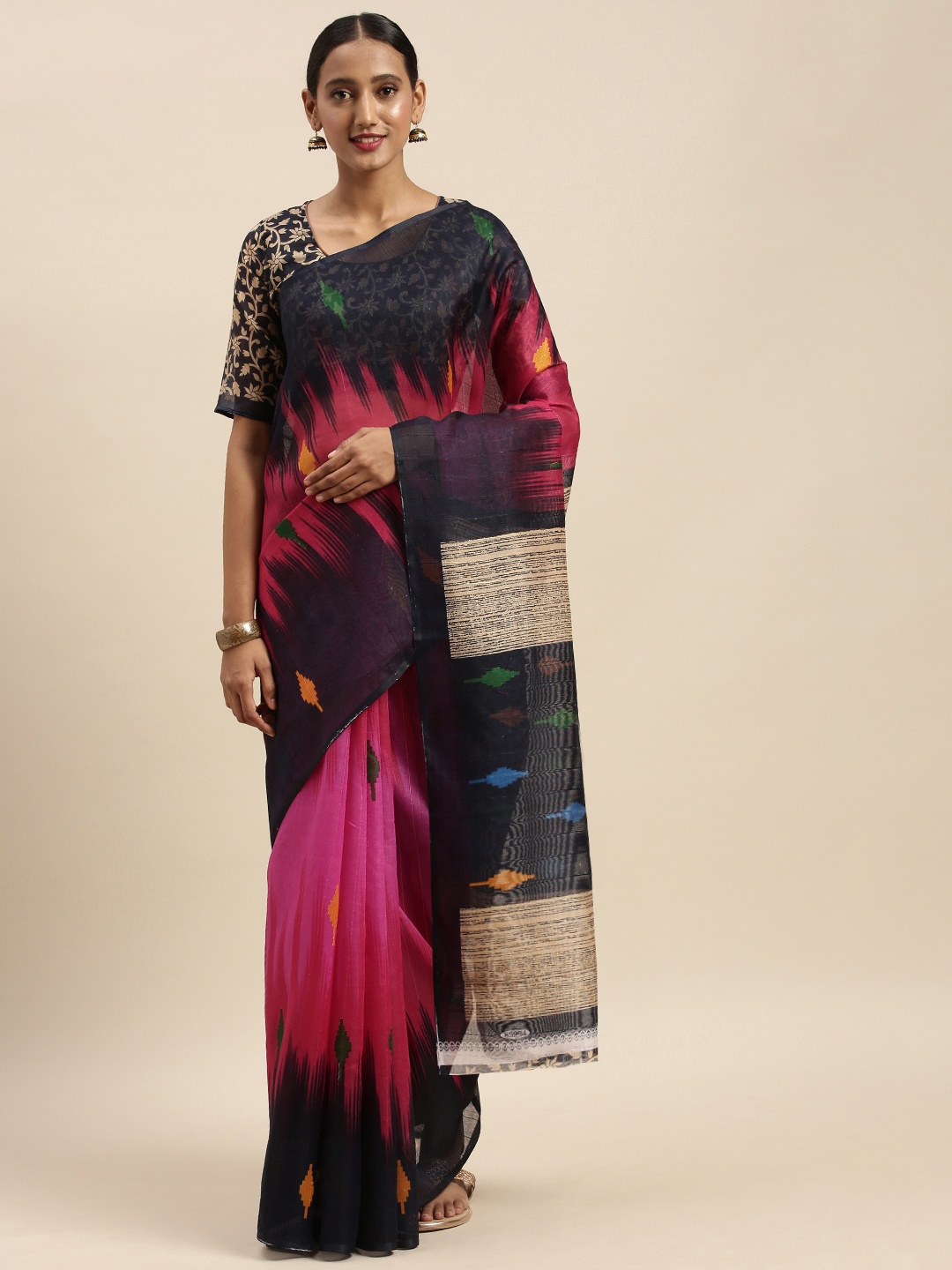 

Silk Bazar Pink & Navy Blue Silk Blend Printed Bhagalpuri Saree
