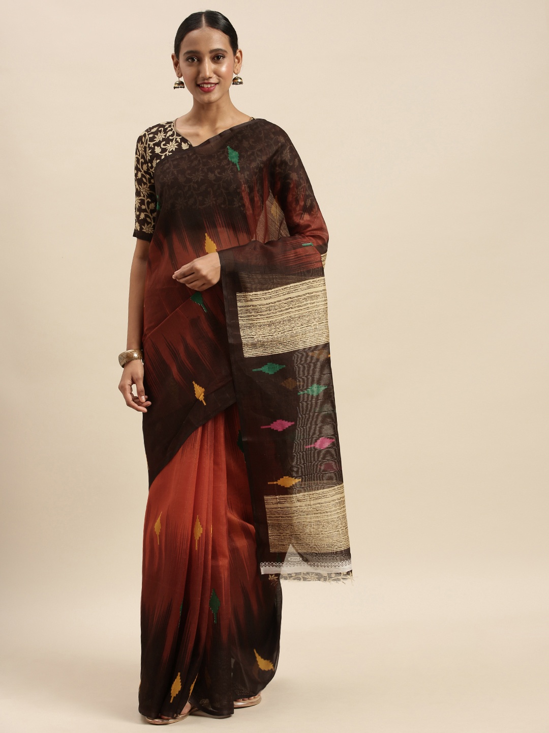 

Silk Bazar Orange & Coffee Brown Silk Blend Printed Bhagalpuri Saree