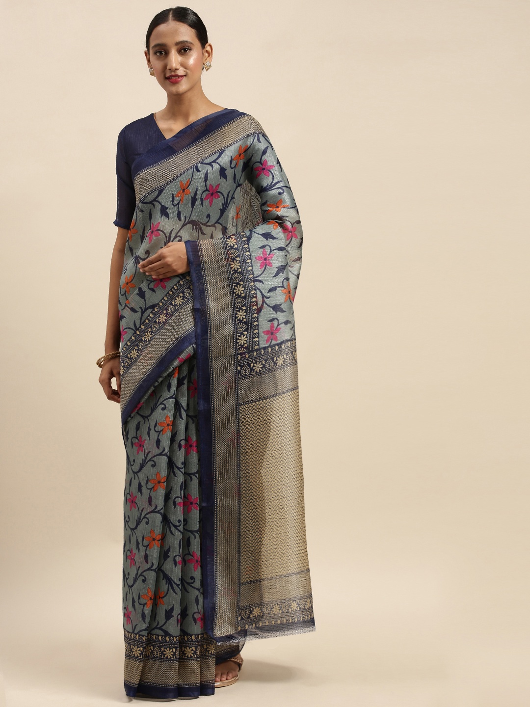 

Silk Bazar Grey & Navy Blue Silk Blend Printed Bhagalpuri Saree