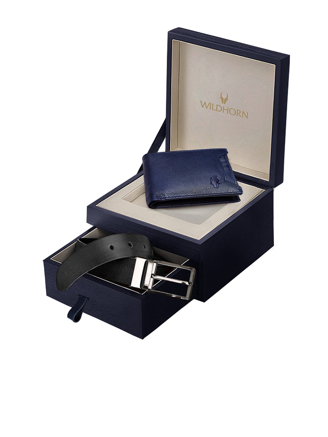 WildHorn Men Navy Blue & Black RFID Protected Genuine Leather Accessory Gift Set