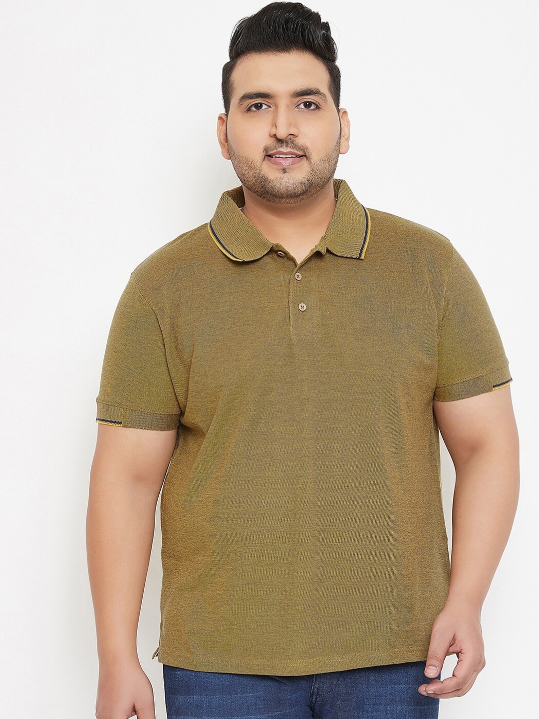 

Instafab Plus Size Men Brown Self Design Polo Collar T-shirt