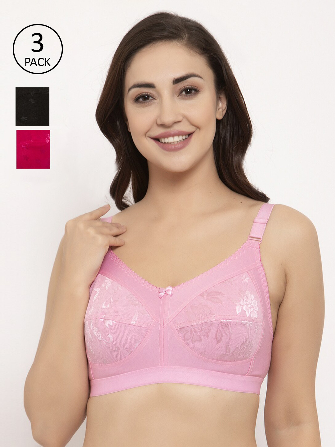 

GRACIT Pack of 3 Self Design Non-Wired Non Padded Everyday Bra PW4-01-07-10-28C, Black