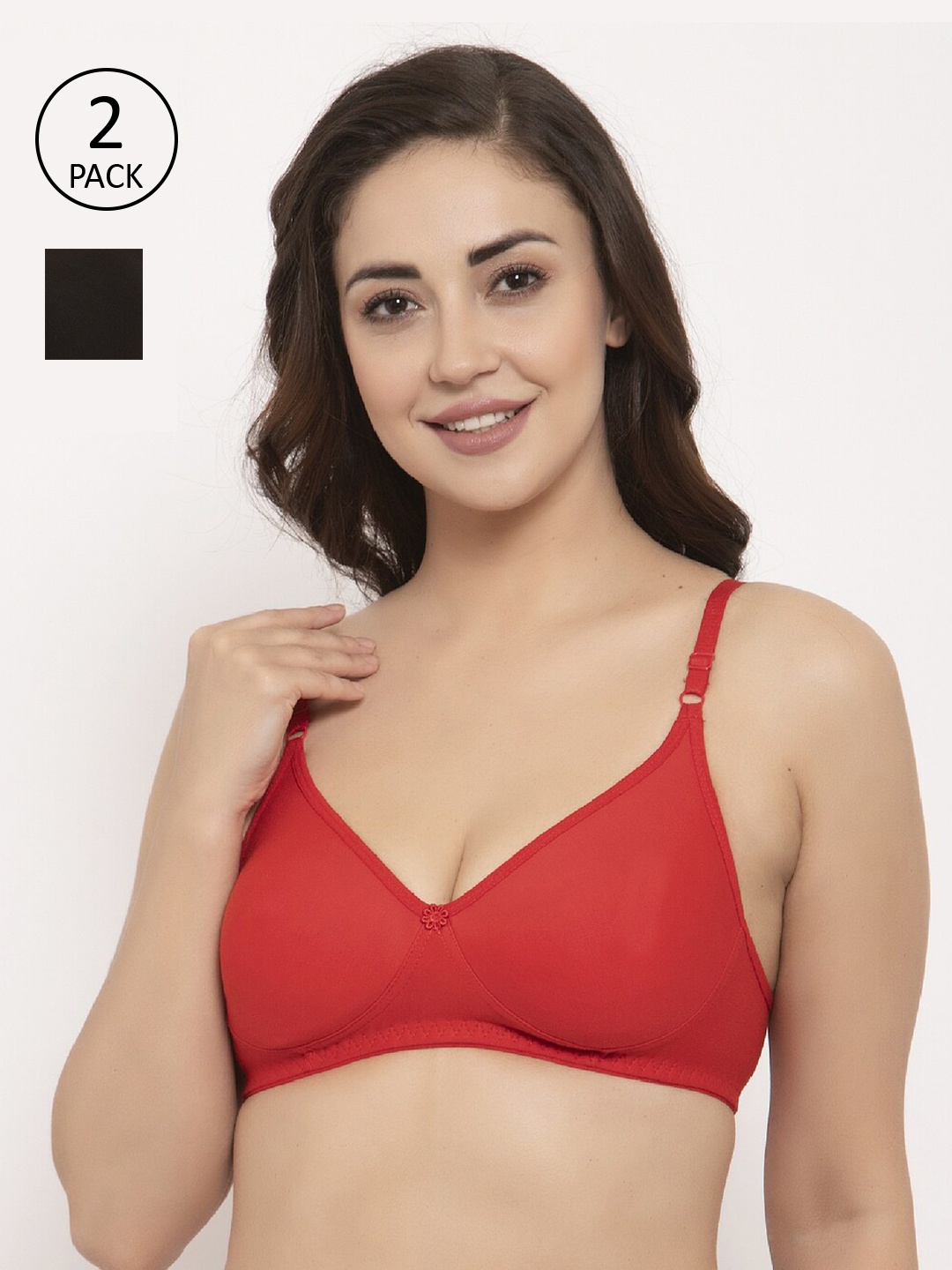 

GRACIT Pack of 2 Black & Red Solid Non-Wired Non Padded Balconette Bra PW2-01-03