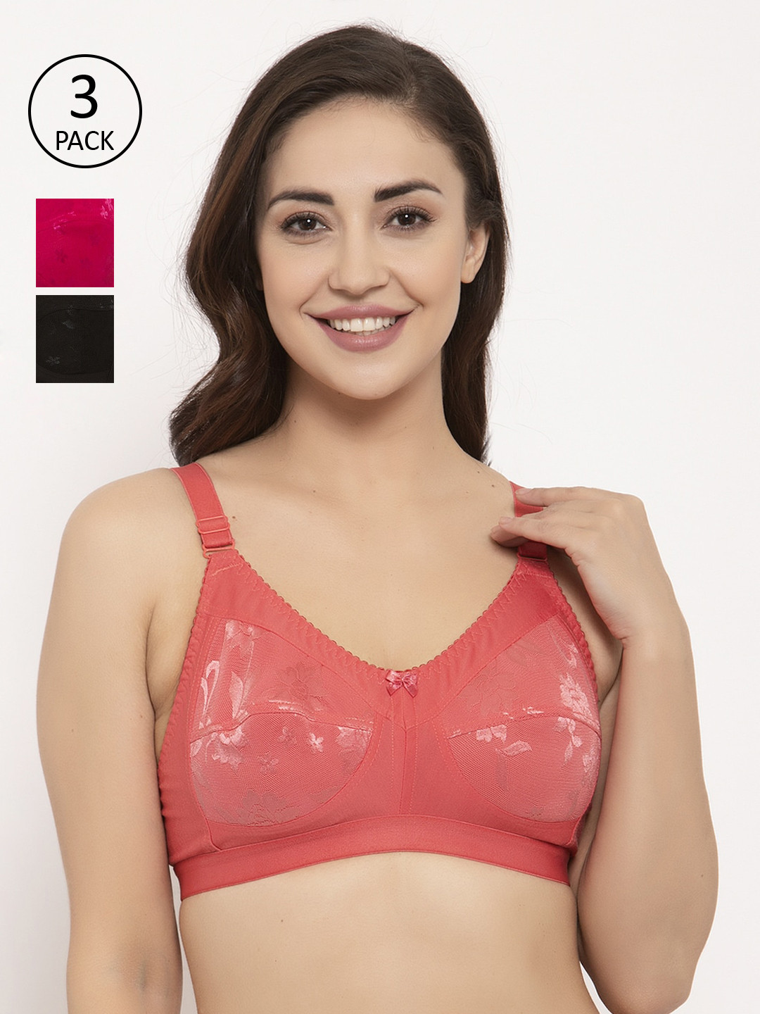 

GRACIT Pack Of 3 Non-Wired Non Padded Balconette Bras, Black