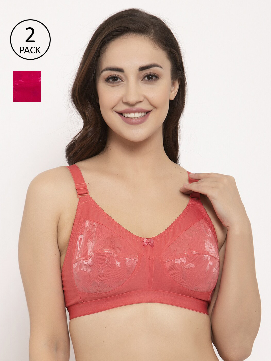 

GRACIT Pack of 2 Self Design Non-Wired Non Padded Balconette Bras PW4-07-15-28C, Pink