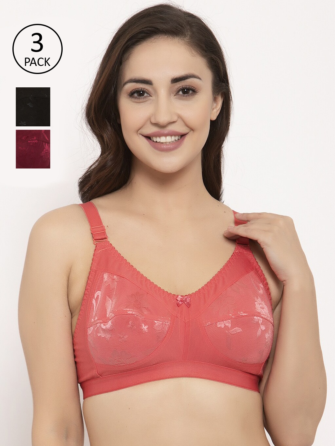 

GRACIT Pack of 3 Self Design Non-Wired Non Padded Everyday Bras PW4-01-14-15, Black