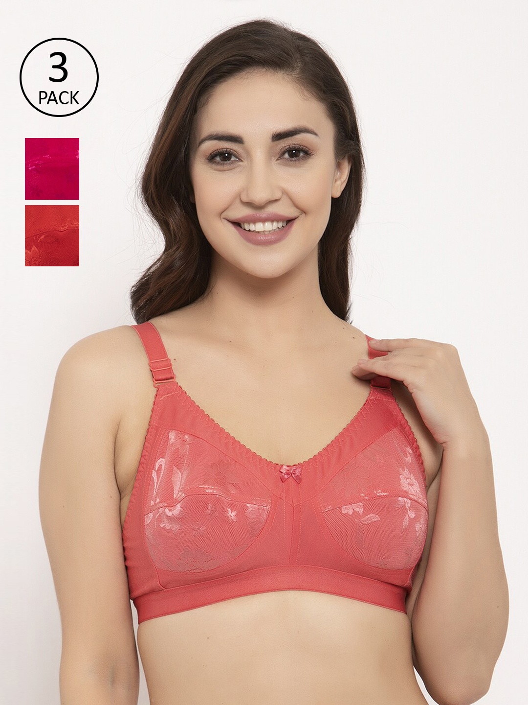 

GRACIT Pack of 3 Self Design Non-Wired Non Padded Everyday Bras PW4-03-07-15, Red