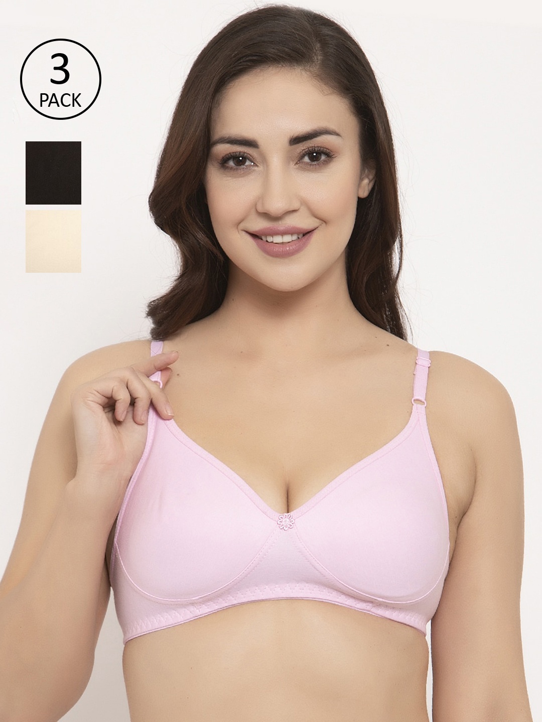 

GRACIT Pink & Black Pack of 3 Solid Non-Wired Non Padded Everyday Bra PW2-01-10-28-28B