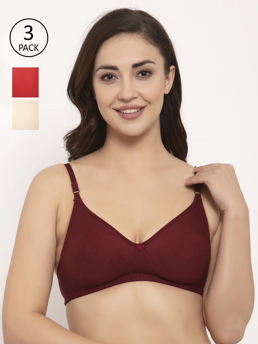 

GRACIT Pack of 3 Solid Non-Wired Non Padded Balconette Bras PW2-03-14-28-28B, Red