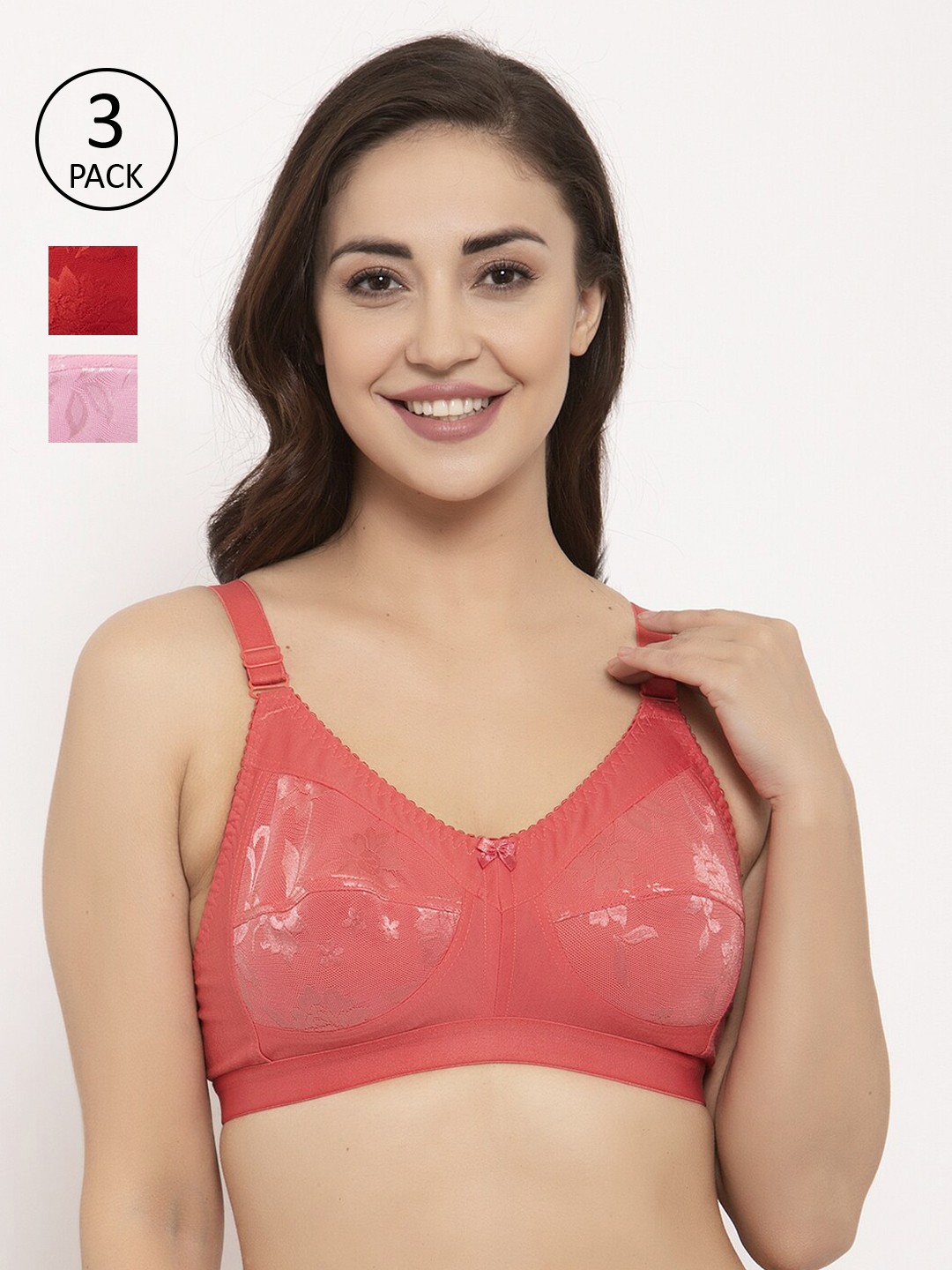 

GRACIT Pack Of 3 Red & Pink Non-Wired Non Padded Balconette Bra PW4-03-10-15-28C