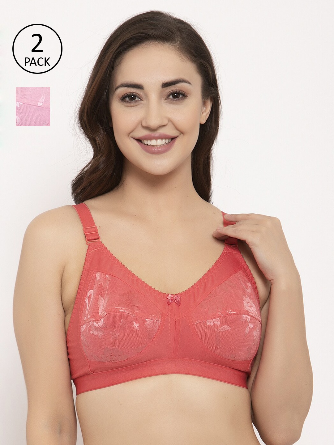 

GRACIT Pack of 2 Self Design Non-Wired Non Padded Everyday Bras PW4-10-15, Pink