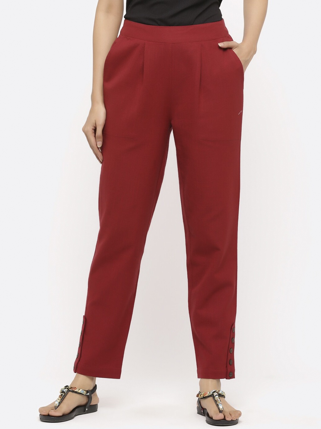 

Jaipur Kurti Women Maroon Regular Fit Solid Regular Trousers