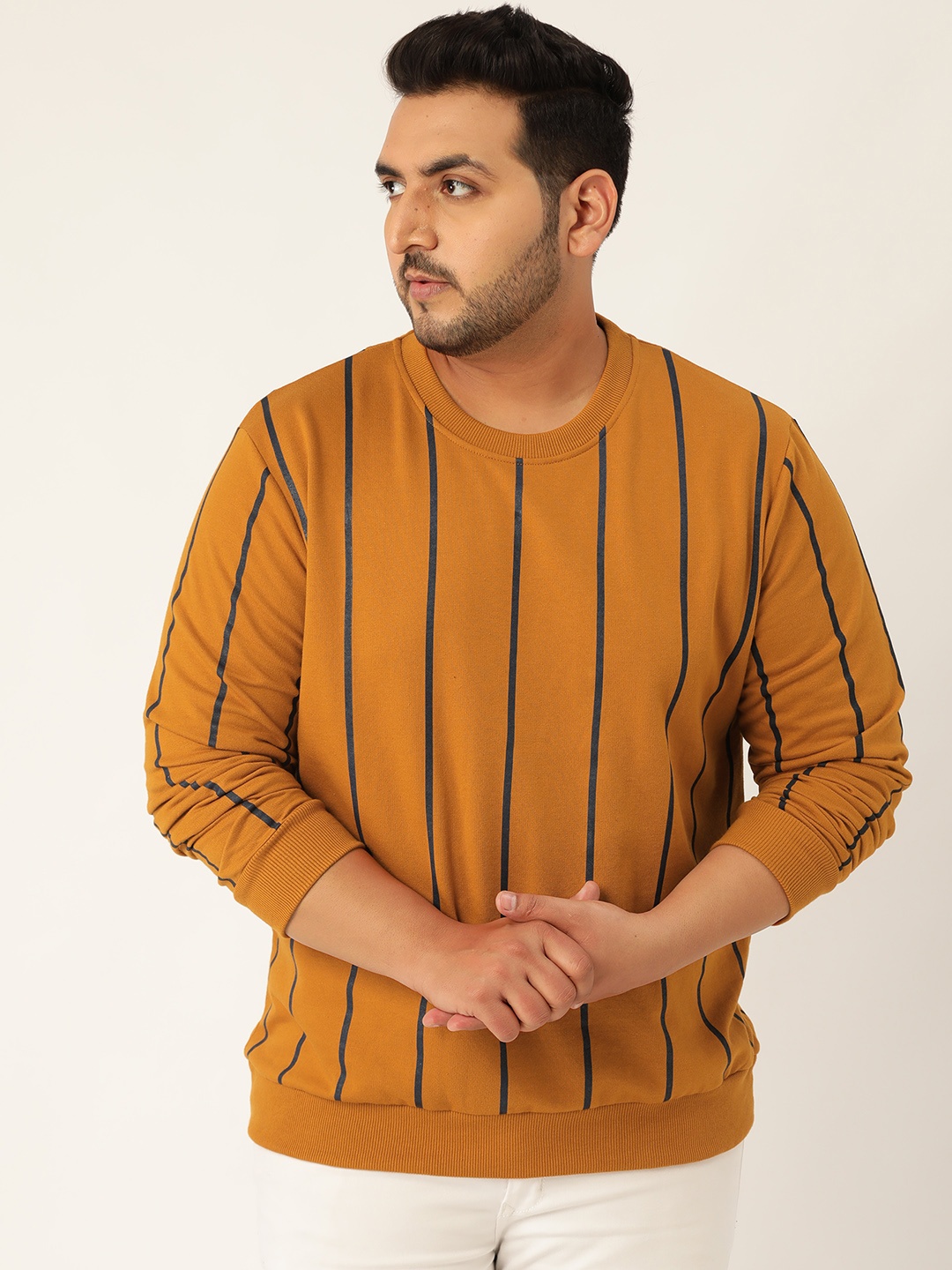 

Sztori Men Mustard Yellow & Blue Plus Size Striped Sweatshirt