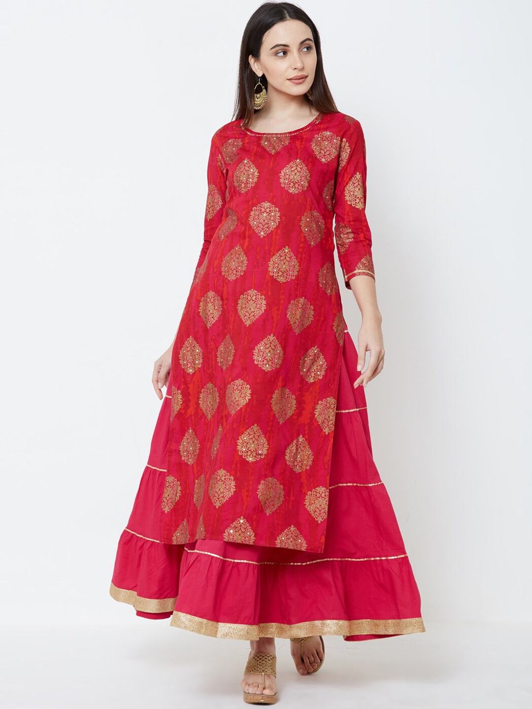 

FASHOR Women Pink & Gold-Toned Foil Print Kurta with Skirt