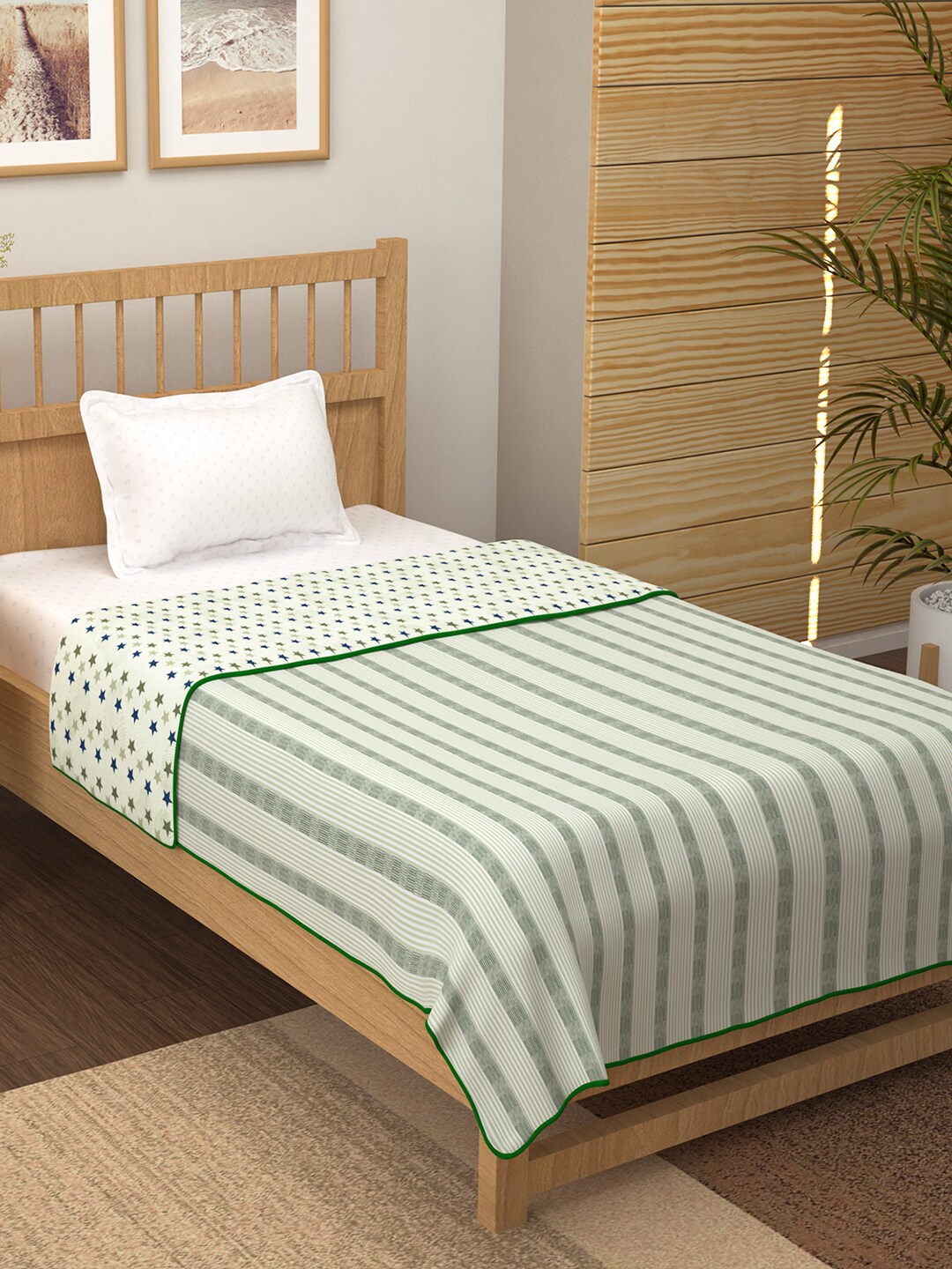 

Story@home White & Green Striped Mild Winter 210 GSM Single Bed Dohar