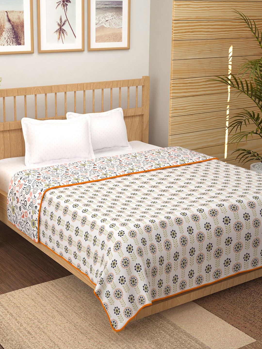 

Story@home White Orange Floral Mild Winter 150 GSM Reversible Double Bed Dohar