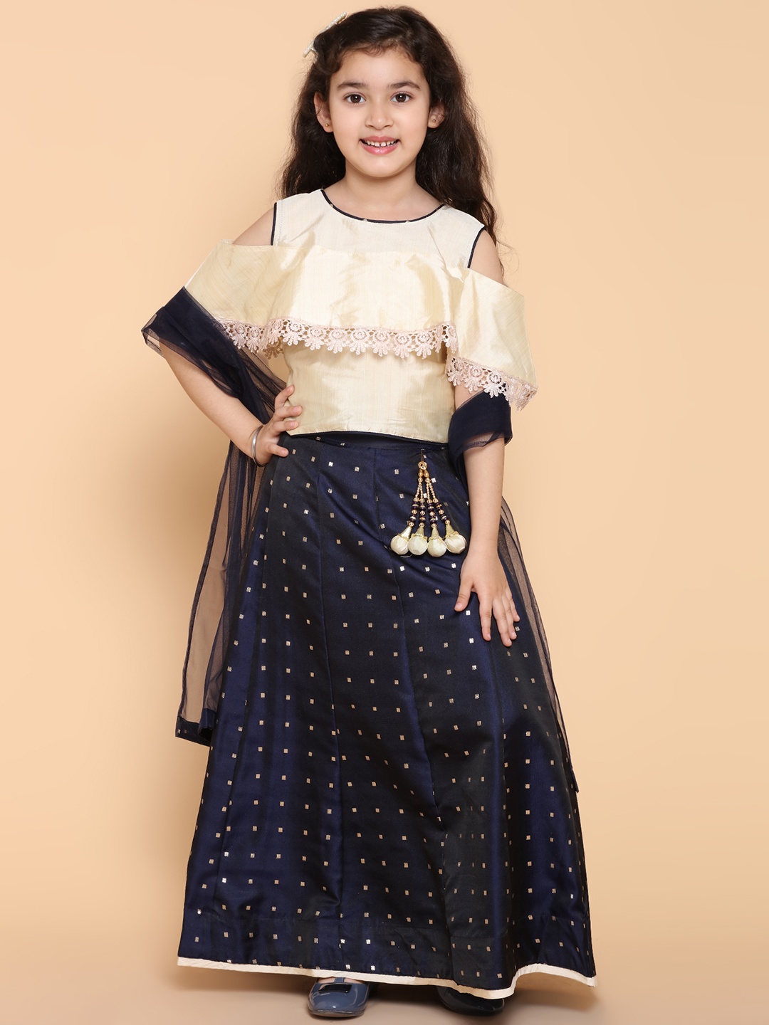 

ADIVA Girls Navy Blue & Beige Solid Ready to Wear Lehenga & Blouse with Dupatta