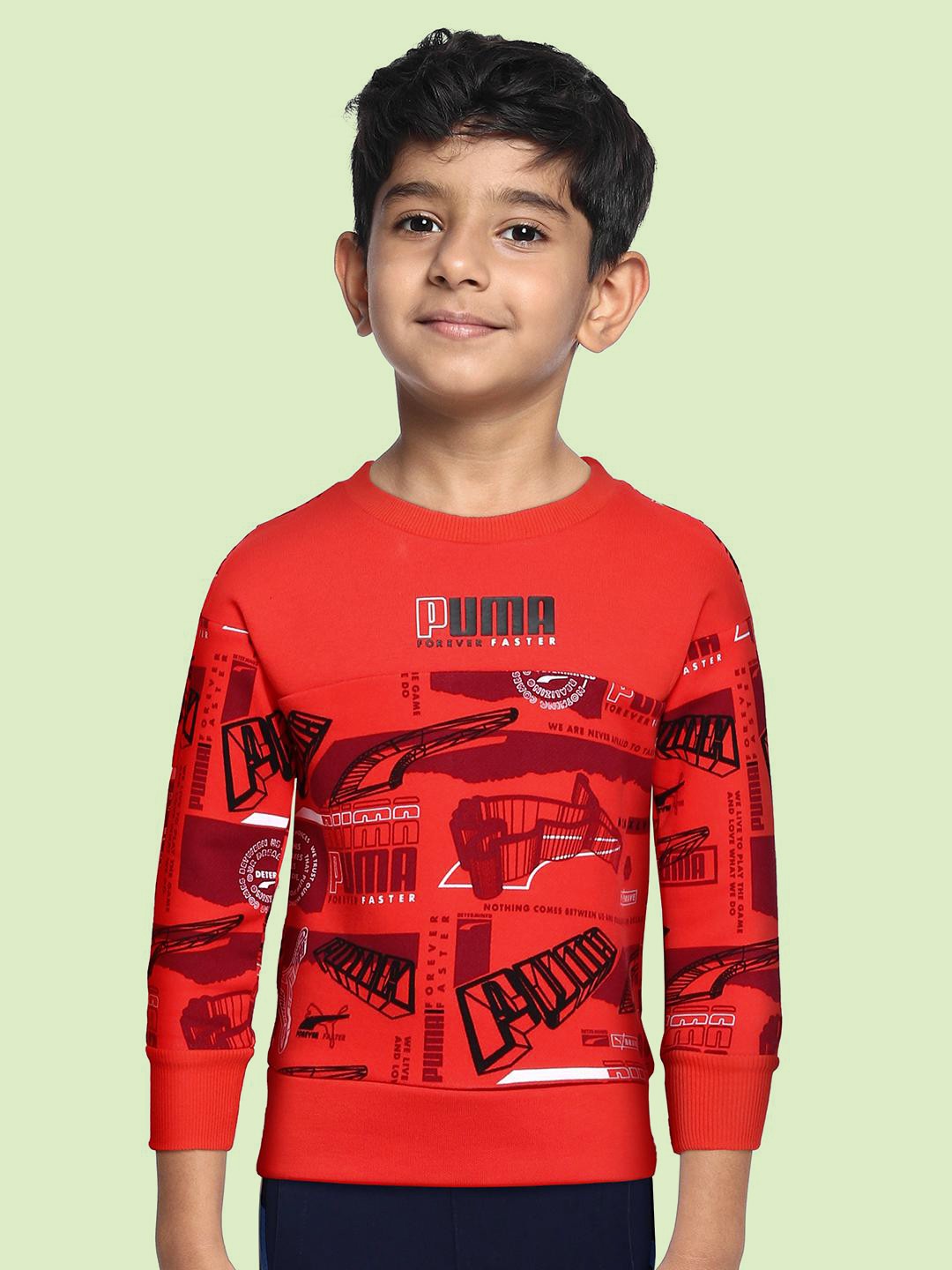 

Puma Boys Red Alpha AOP Crew Brand Logo Printed Cotton Sweatshirt
