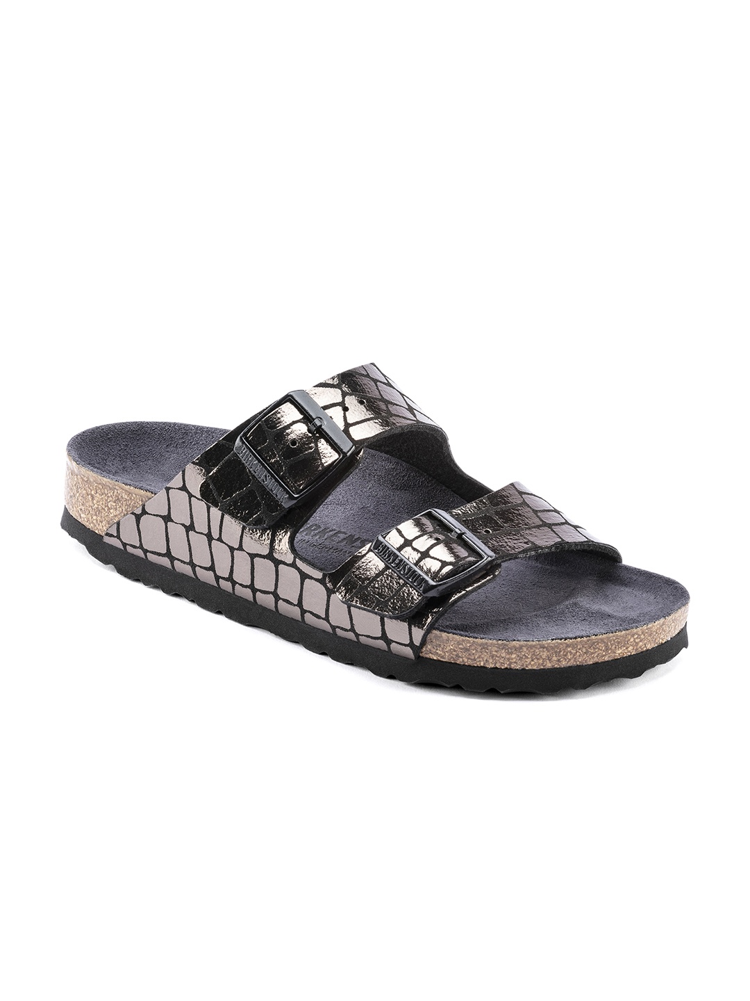 

Birkenstock Women Black & Gunmetal-Toned Textured Arizona Narrow Width Flats