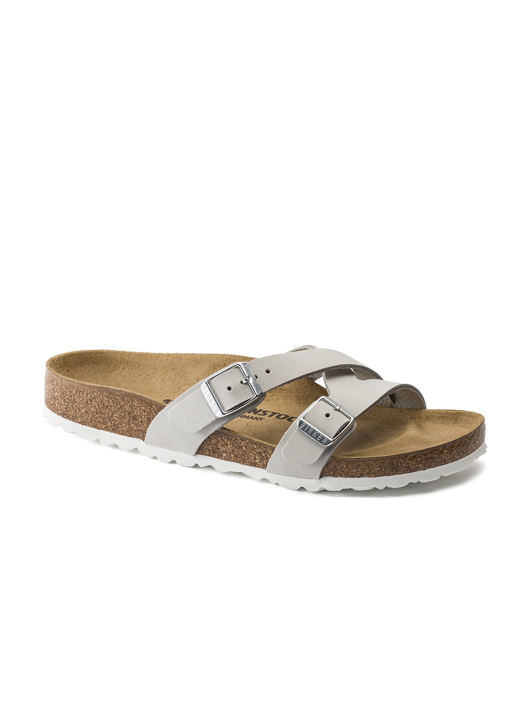 

Birkenstock Women Grey Leather Narrow Width Yao Open Toe Flats
