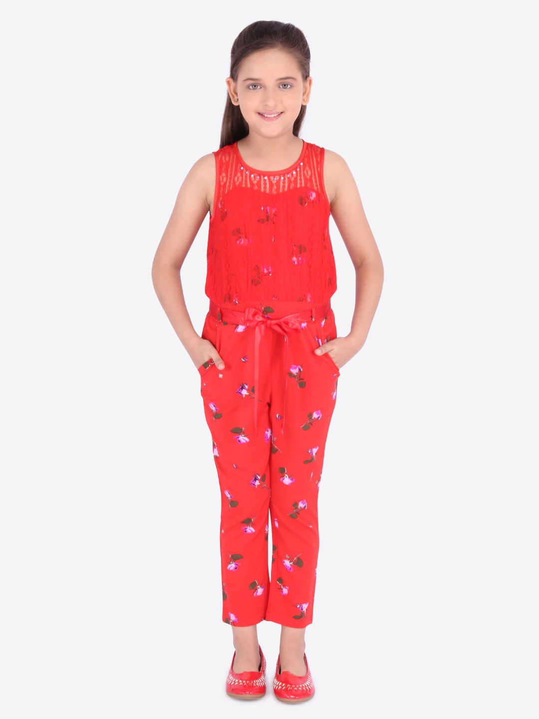 

CUTECUMBER Girls Red & Pink Printed Basic Jumpsuit