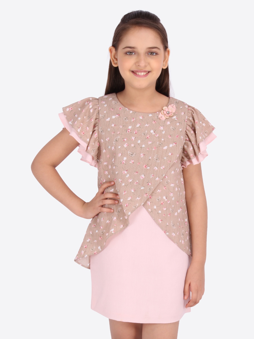 

CUTECUMBER Girls Pink & Brown Floral Printed Sheath Dress