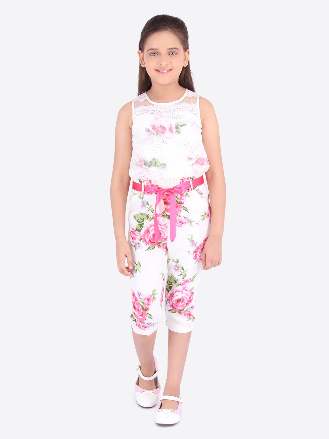 

CUTECUMBER Girls Cream-Coloured & Pink Floral Printed Culotte Jumpsuit