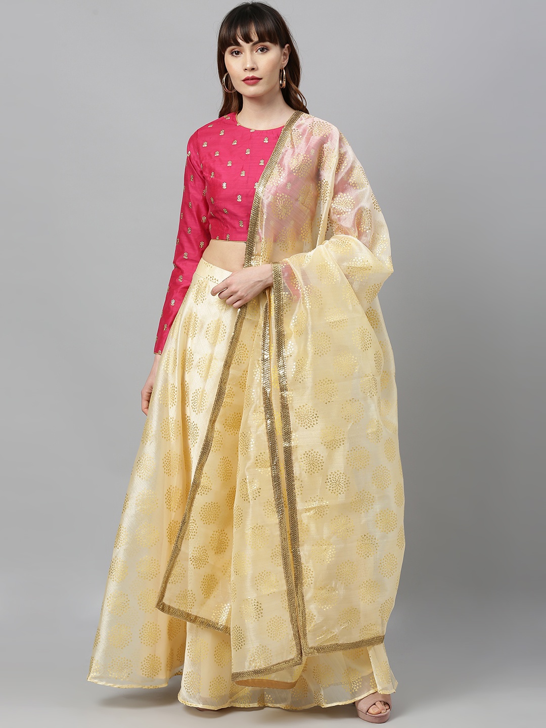 

Ethnovog Pink Cream-Coloured Embroidered Made to Measure Lehenga Blouse with Dupatta