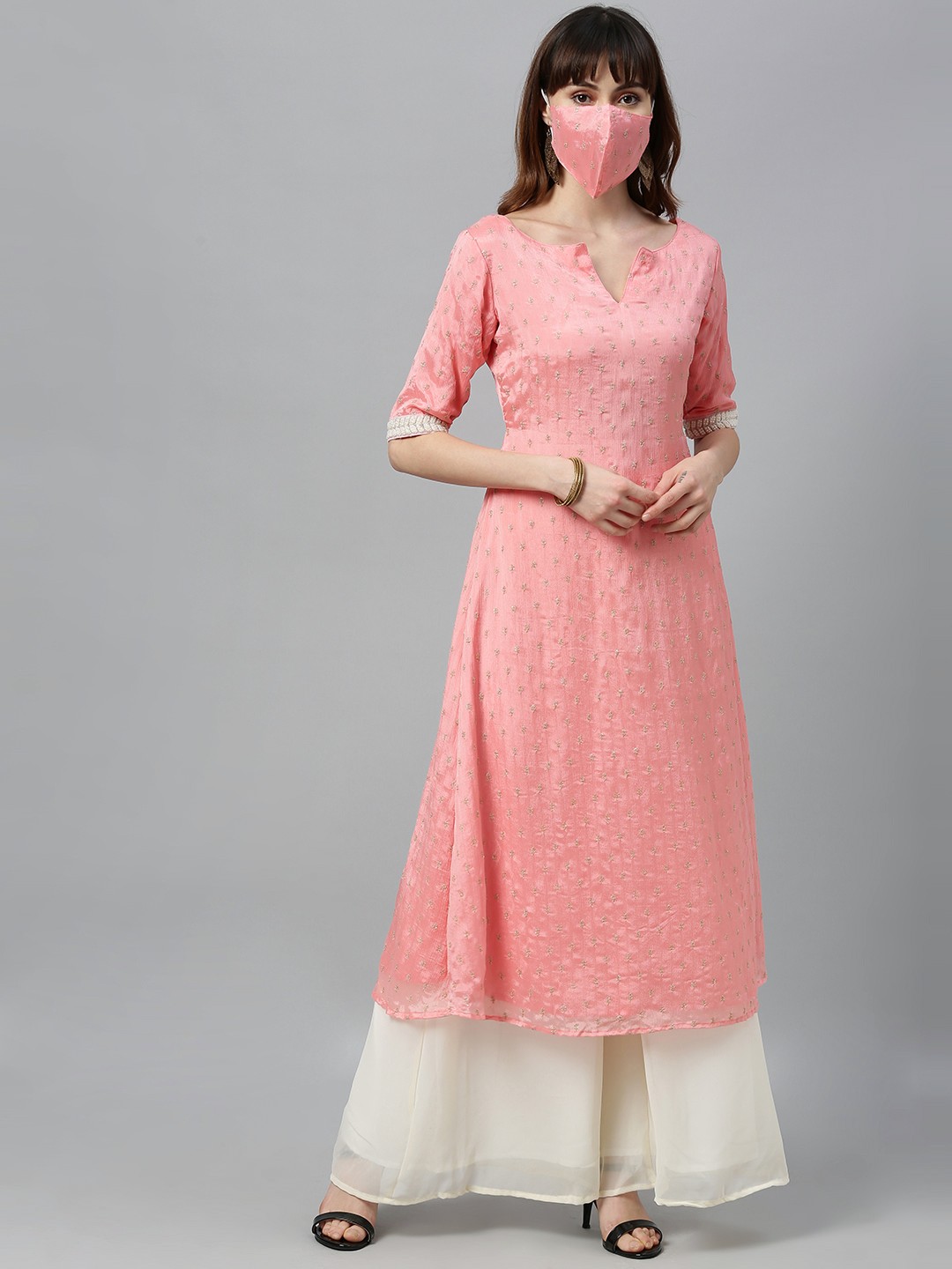 

Ethnovog Women Pink Off-White Embroidered Made To Measure Kurta with Palazzos